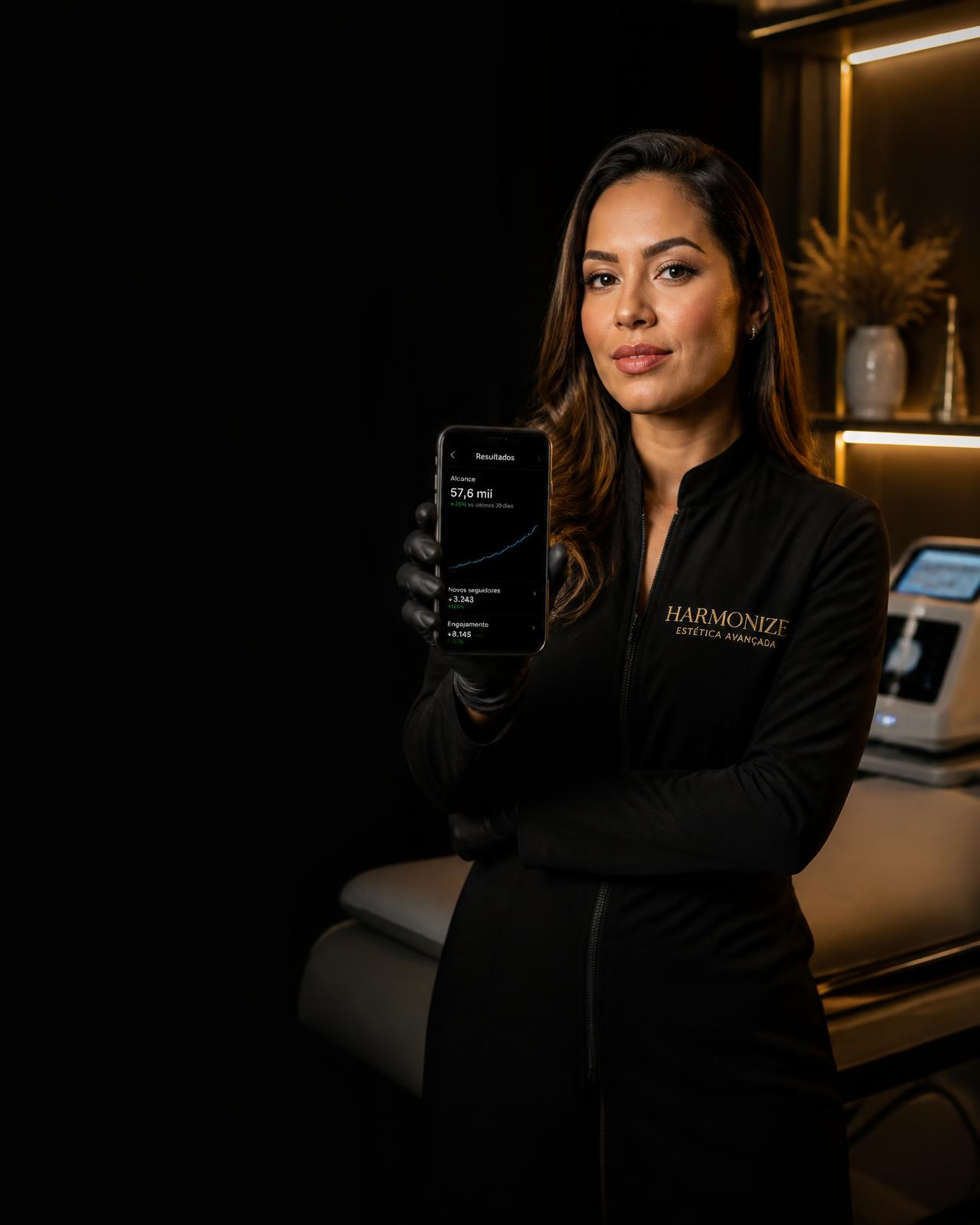 Profissional de estética analisando resultados de marketing no celular
